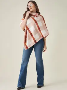 Modeve Women Coffee Brown & White Checked Acrylic Poncho