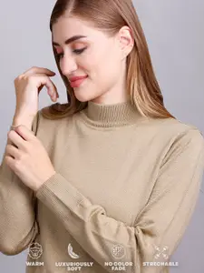 GODFREY Women Beige Turtle Neck Full Sleeve Pullover
