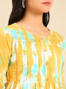 SHOWOFF Women Yellow & Blue Dyed Tiering Dobby Cotton Kurta