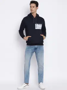 Cantabil Men Navy Blue Printed Hooded Wool Sweatshirt