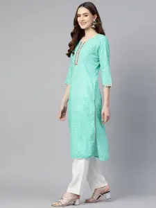 Readiprint Women Sea Green Pure Cotton Leheriya Embroidered Thread Work Kurta