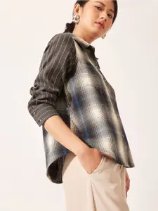 The Label Life Women Blue & Grey Checked Cotton Casual Shirt