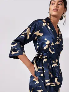 The Label Life Women Navy Blue & Cream Abstract Printed Casual Shirt