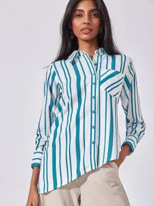 The Label Life Women Blue & White Vertical Striped Asymmetric Hem Cotton Casual Shirt