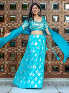 HOUSE OF JAMOTI Turquoise Blue & Gold-Toned Ready to Wear Lehenga & Blouse With Dupatta