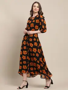 Fabflee Women Black Floral Keyhole Neck Maxi Dress