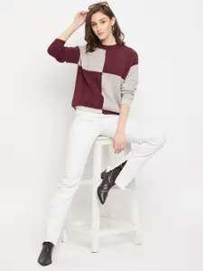 Madame Women Maroon & Grey Colourblocked Pullover with Fuzzy Detail