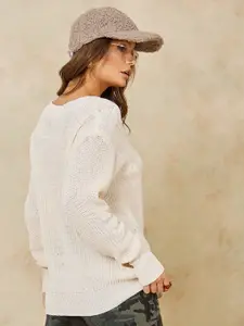 Styli Women Beige Self Design V-Neck Pullover