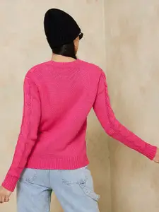 Styli Women Pink Self Design Cable Knit Pullover