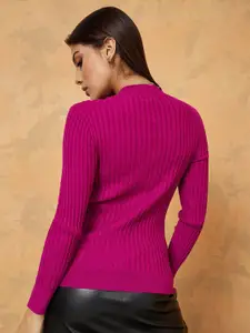 Styli Women Magenta Self Design Cable Knit Pullover