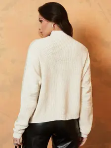 Styli Women Beige & White Ribbed Pullover