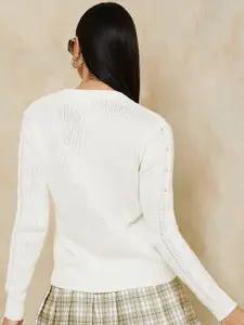 Styli Women White Self Design Cable Knit Pullover