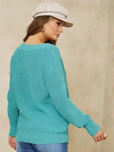 Styli Women Green Self Design V-Neck Pullover