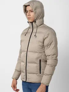 Peter England Casuals Men Grey Solid Hooded Puffer Jacket