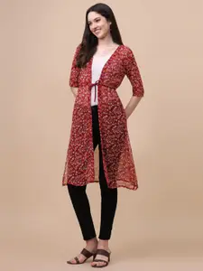 GUFRINA Women Maroon & Orange Printed Longline Tie-Up Shrug