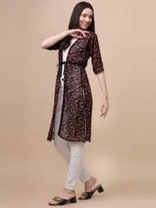 GUFRINA Women Black & Red Printed Longline Tie-Up Shrug