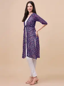 GUFRINA Women Navy Blue & Pink Printed Longline Tie-Up Shrug