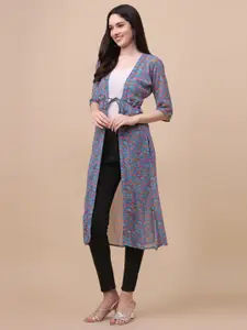 GUFRINA Women Grey & Orange Printed Longline Tie-Up Shrug