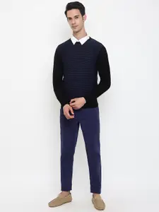 Cantabil Men Black & Navy Blue Striped Wool Round Neck Pullover