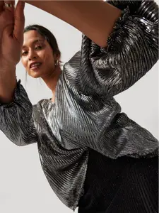 The Label Life Silver-Toned Striped Satin Wrap Top