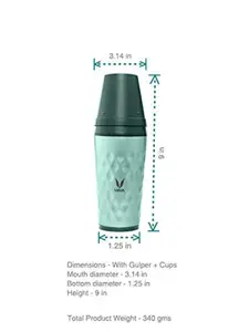 Vaya Green Textured Water Bottle With Two Gulper Cups 350 ml