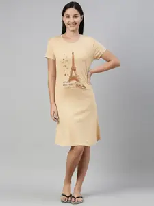 TWIN BIRDS Beige Printed Pure Cotton Nightdress