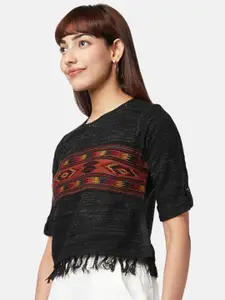AKKRITI BY PANTALOONS Women Charcoal & Red Printed Crop Pullover