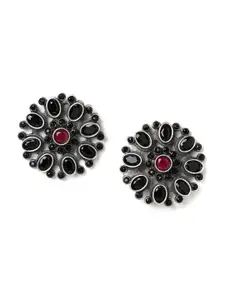 Binnis Wardrobe Black & Pink Silver-Plated Oxidised Floral Studs Earrings