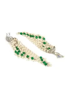 Binnis Wardrobe White & Green Silver-Plated Peacock Shaped Drop Earrings