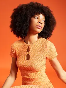 DeFacto Women Orange Self Design Keyhole Neck Crop Top
