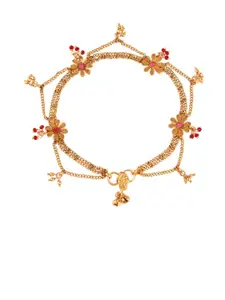 Efulgenz Gold-Toned & Pink Crystal Studded & Beaded Gold-Plated Layered Anklet