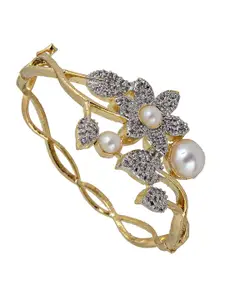 LUCKY JEWELLERY Women Gold-Plated White American Diamond Bangle-Style Bracelet With Ring