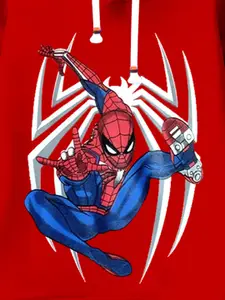 KUCHIPOO Boys Red Printed Hooded Fleece Sweatshirt