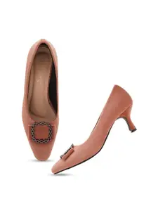 DressBerry Pink Embellished Velvet Kitten Pumps Heels