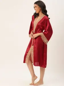 Ms.Lingies Women Solid Satin Maxi Robe With Lace Detail