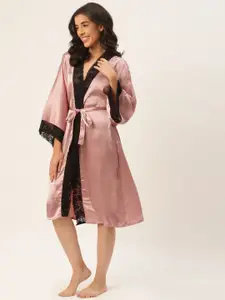 Ms.Lingies Women Solid Satin Maxi Robe With Lace Detail