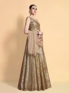 Fusionic Beige & Gold-Toned Embroidered Sequinned Semi-Stitched Lehenga & Unstitched Blouse With Dupatta