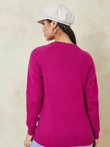 Styli Women Magenta Self Design Pullover Sweater