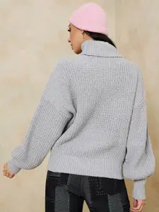 Styli Women Grey Striped Turtle Neck Pullover Sweater