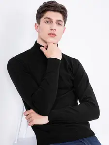 Snitch Men Black Turtle Neck Cotton Sweater