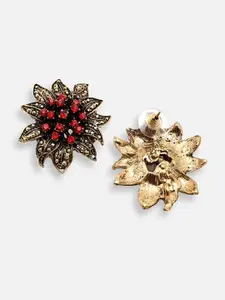 SOHI Gold-Toned & Red Floral Studs Earrings