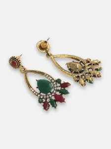 SOHI Women Gold Plated Red & Green Teardrop Shaped Drop Earrings