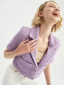DeFacto Women Plus Size Purple Self-Design Single-Breasted Crop Blazer