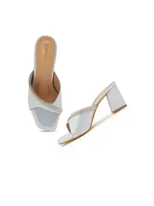 SCENTRA Blue Embellished Block Mules Heels