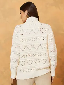 Styli Women Off White Cable Knit Longline Pullover