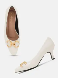 DressBerry White & Gold-Toned Kitten Pumps Heels