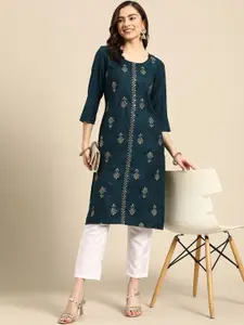 Sangria Teal Blue & Golden Embroidered Regular Kurta