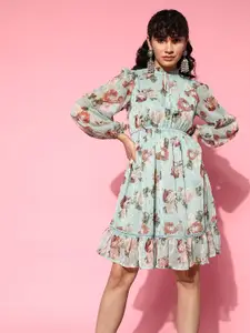 Ishin Sea Green & Rust Orange Floral Embellished Tie-Up Neck Chiffon A-Line Dress