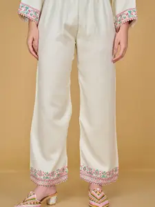 Safaa Cream-Coloured & Blue Viscose Rayon Unstitched Dress Material