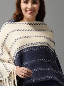 SHOWOFF Women Beige & Blue Wool Colourblocked Longline Poncho